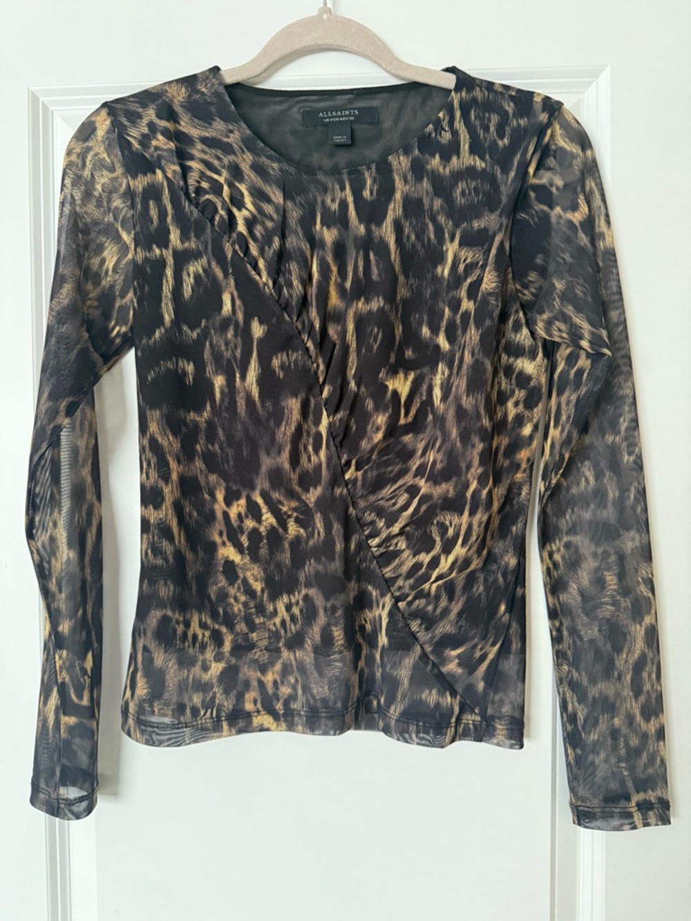 All Saints Sheer Leopard-Print Wrap Long Sleeve Top - Black & Gold